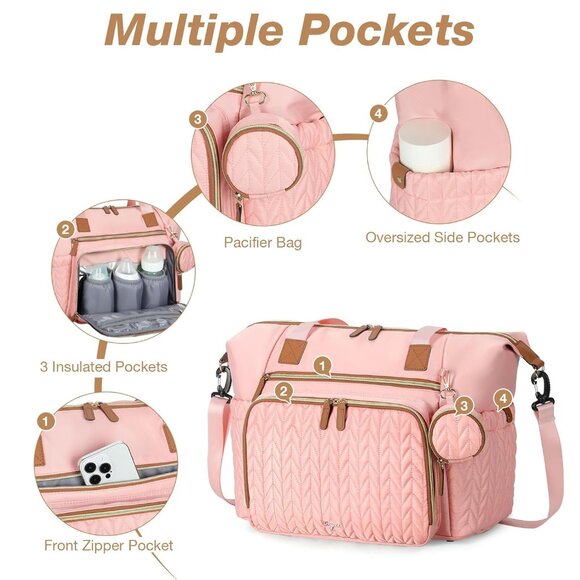 Stylish Pink Diaper Tote for Moms & Dads - Waterproof with Pacifier Case - Picture 5 of 7